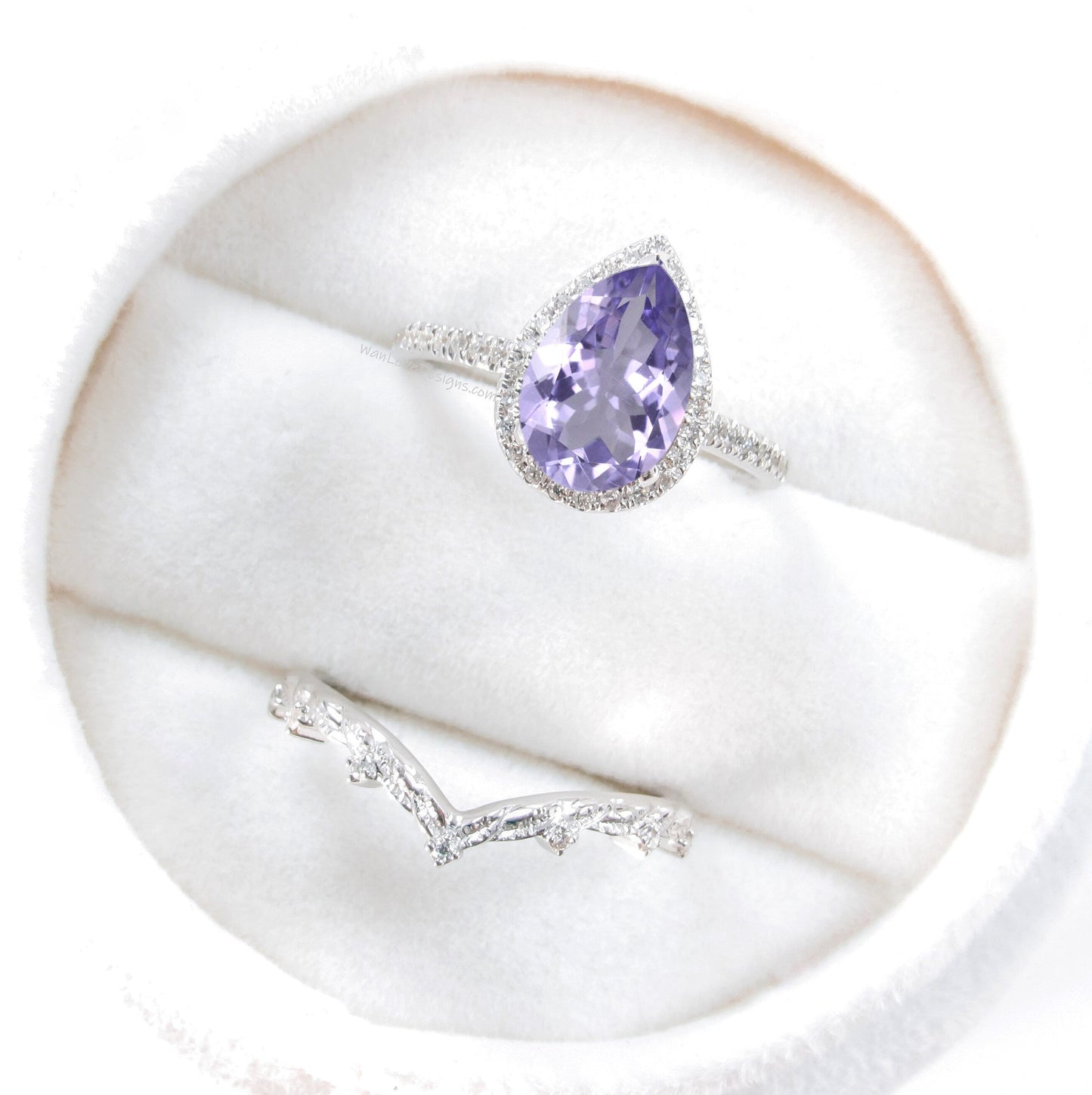 Pear halo amethyst and diamond ring set, engagement ring and 7 gem wedding band, amethyst ring, diamond wedding ring, leaf engagement ring Wan Love Designs