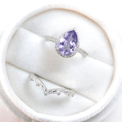 Pear halo amethyst and diamond ring set, engagement ring and 7 gem wedding band, amethyst ring, diamond wedding ring, leaf engagement ring Wan Love Designs