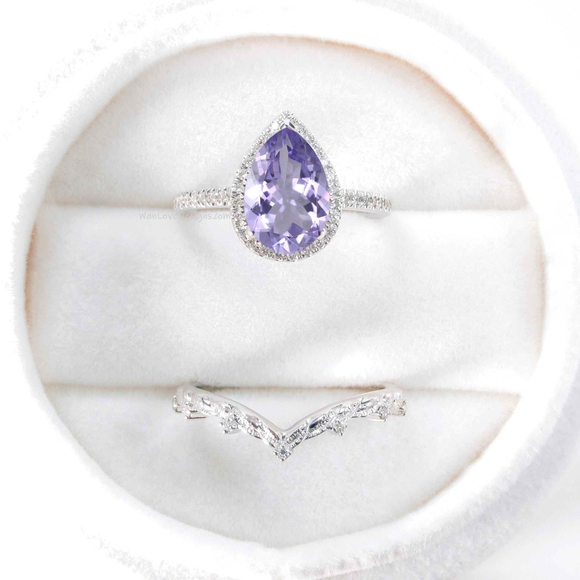 Pear halo amethyst and diamond ring set, engagement ring and 7 gem wedding band, amethyst ring, diamond wedding ring, leaf engagement ring Wan Love Designs