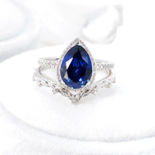 Pear halo blue sapphire and diamond ring set, engagement ring & 7 gem wedding band, sapphire ring, diamond wedding ring, leaf engagement rin Wan Love Designs