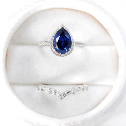 Pear halo blue sapphire and diamond ring set, engagement ring & 7 gem wedding band, sapphire ring, diamond wedding ring, leaf engagement rin Wan Love Designs