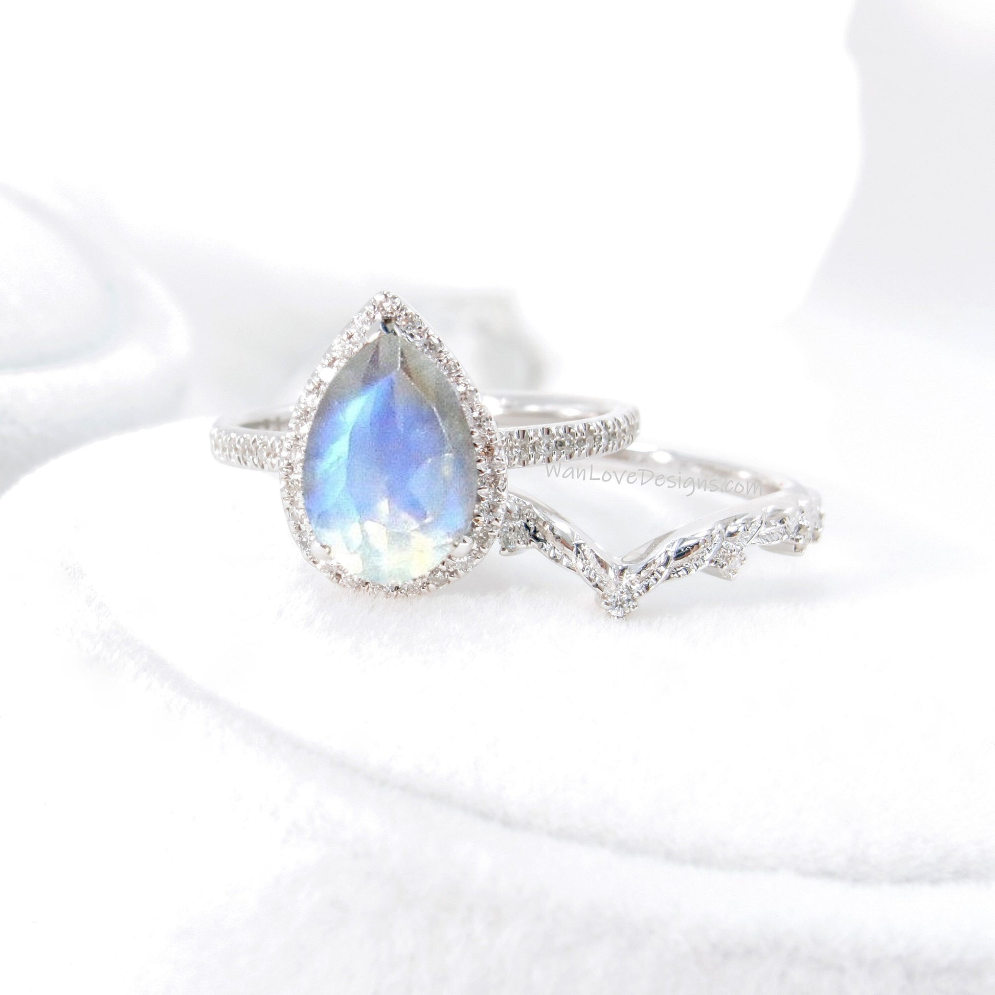 Pear halo moonstone and diamond ring set, engagement ring and 7 gem wedding band, moonstone ring, diamond wedding ring, leaf engagement ring Wan Love Designs