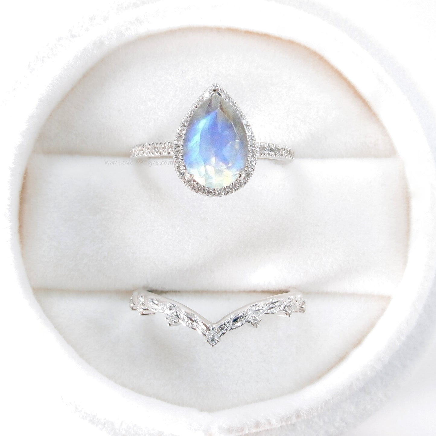 Pear halo moonstone and diamond ring set, engagement ring and 7 gem wedding band, moonstone ring, diamond wedding ring, leaf engagement ring Wan Love Designs