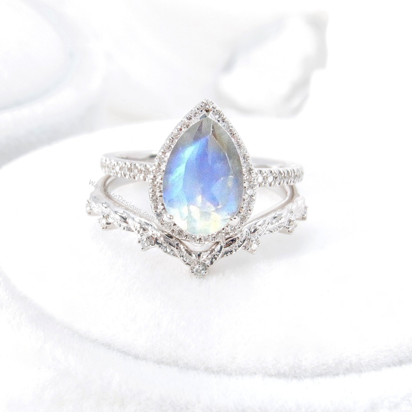 Pear halo moonstone and diamond ring set, engagement ring and 7 gem wedding band, moonstone ring, diamond wedding ring, leaf engagement ring Wan Love Designs