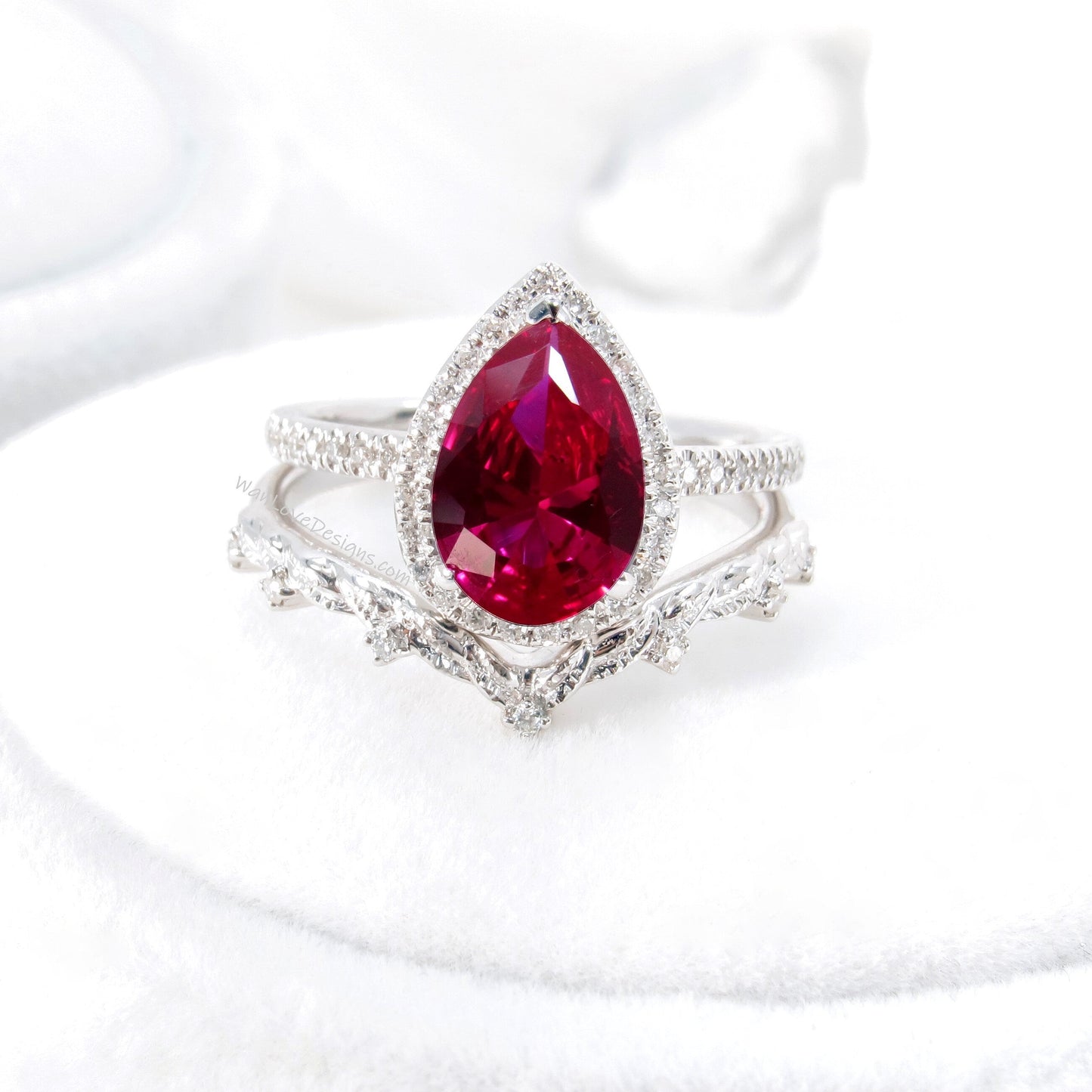 Pear halo ruby and diamond ring set, engagement ring and 7 gem wedding band, red ruby ring, diamond wedding ring, leaf engagement ring Wan Love Designs