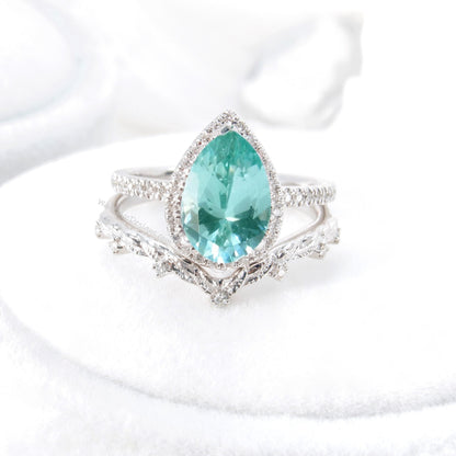 Pear halo teal spinel and diamond ring set, engagement ring and 7 gem wedding band, pear ring, diamond wedding ring, leaf engagement ring Wan Love Designs