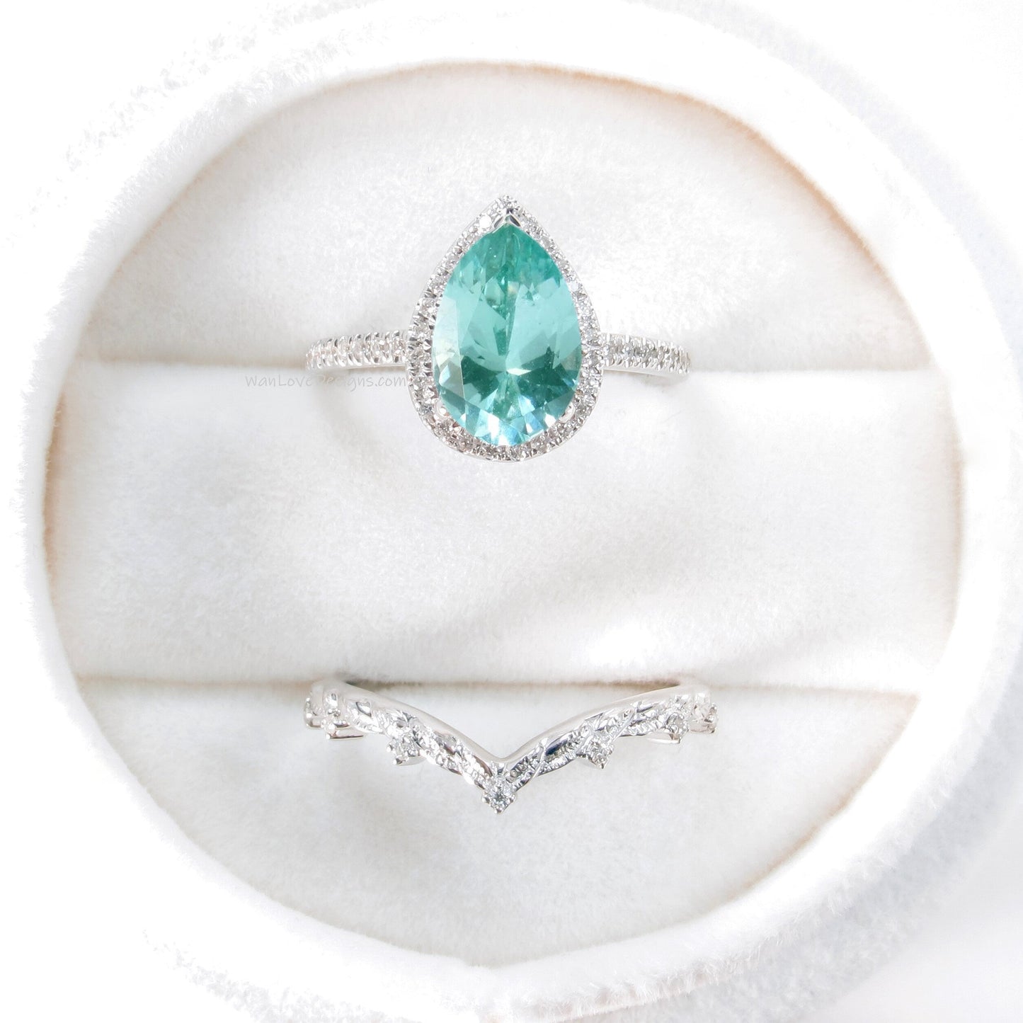 Pear halo teal spinel and diamond ring set, engagement ring and 7 gem wedding band, pear ring, diamond wedding ring, leaf engagement ring Wan Love Designs