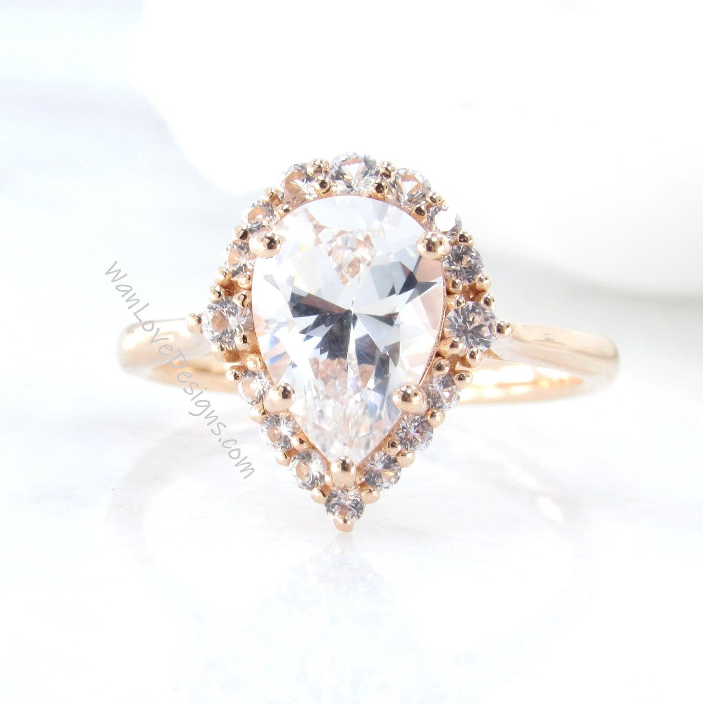 Pear shape White Sapphire engagement ring rose gold vintage unique ring women Graduated Cluster Halo/Sapphire Promise gift-Ready to Ship Wan Love Designs