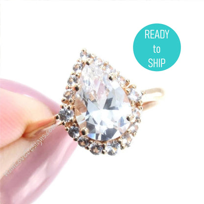 Pear shape White Sapphire engagement ring rose gold vintage unique ring women Graduated Cluster Halo/Sapphire Promise gift-Ready to Ship Wan Love Designs