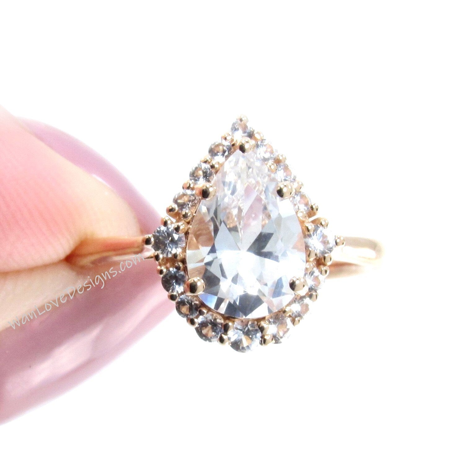 Pear shape White Sapphire engagement ring rose gold vintage unique ring women Graduated Cluster Halo/Sapphire Promise gift-Ready to Ship Wan Love Designs