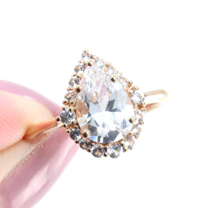 Pear shape White Sapphire engagement ring rose gold vintage unique ring women Graduated Cluster Halo/Sapphire Promise gift-Ready to Ship Wan Love Designs