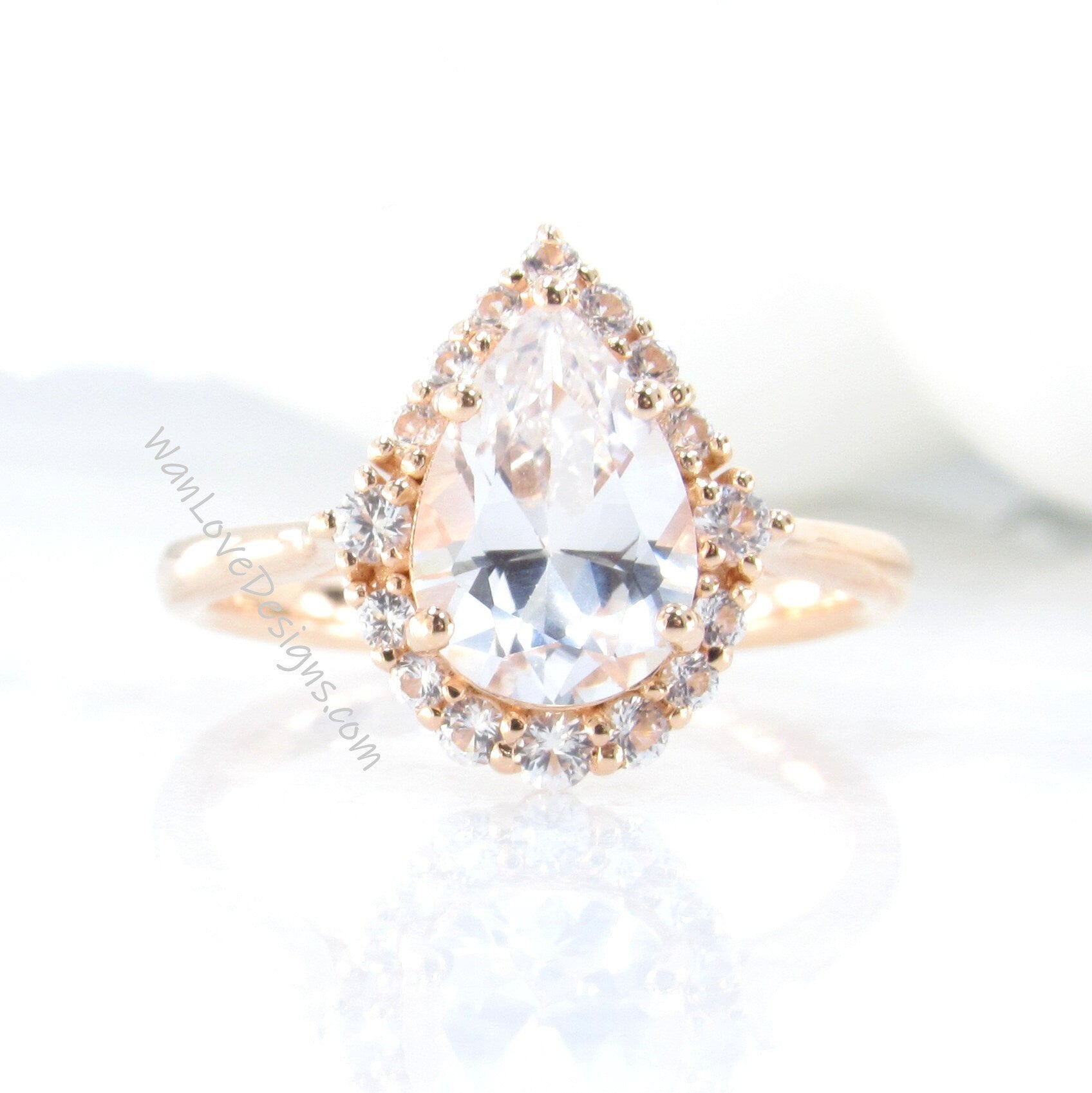 Pear shape White Sapphire engagement ring rose gold vintage unique ring women Graduated Cluster Halo/Sapphire Promise gift-Ready to Ship Wan Love Designs