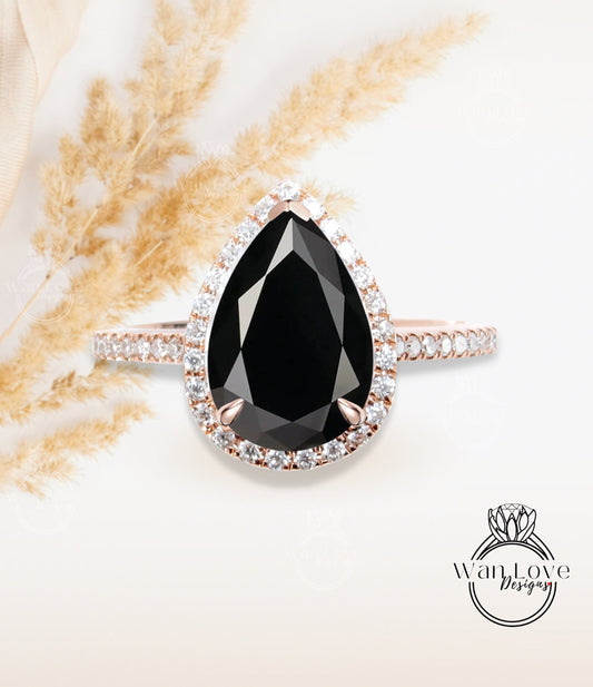 Pear shaped Black Spinel engagement ring vintage rose gold diamond halo ring art deco unique promise ring anniversary bridal ring Wan Love Designs