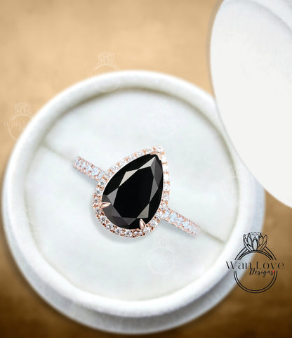 Pear shaped Black Spinel engagement ring vintage rose gold diamond halo ring art deco unique promise ring anniversary bridal ring Wan Love Designs