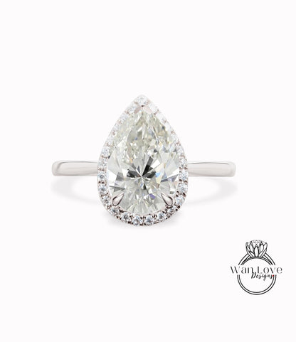 Pear shaped Diamond engagement ring vintage Art deco Unique 14K/18K white gold Lab diamond Halo prong Diamond wedding Anniversary ring Wan Love Designs