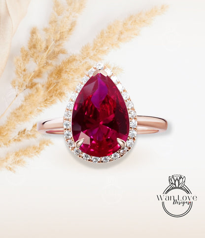 Pear shaped Ruby engagement ring vintage Unique tapered band diamond halo engagement ring white gold wedding Bridal gift for women Wan Love Designs