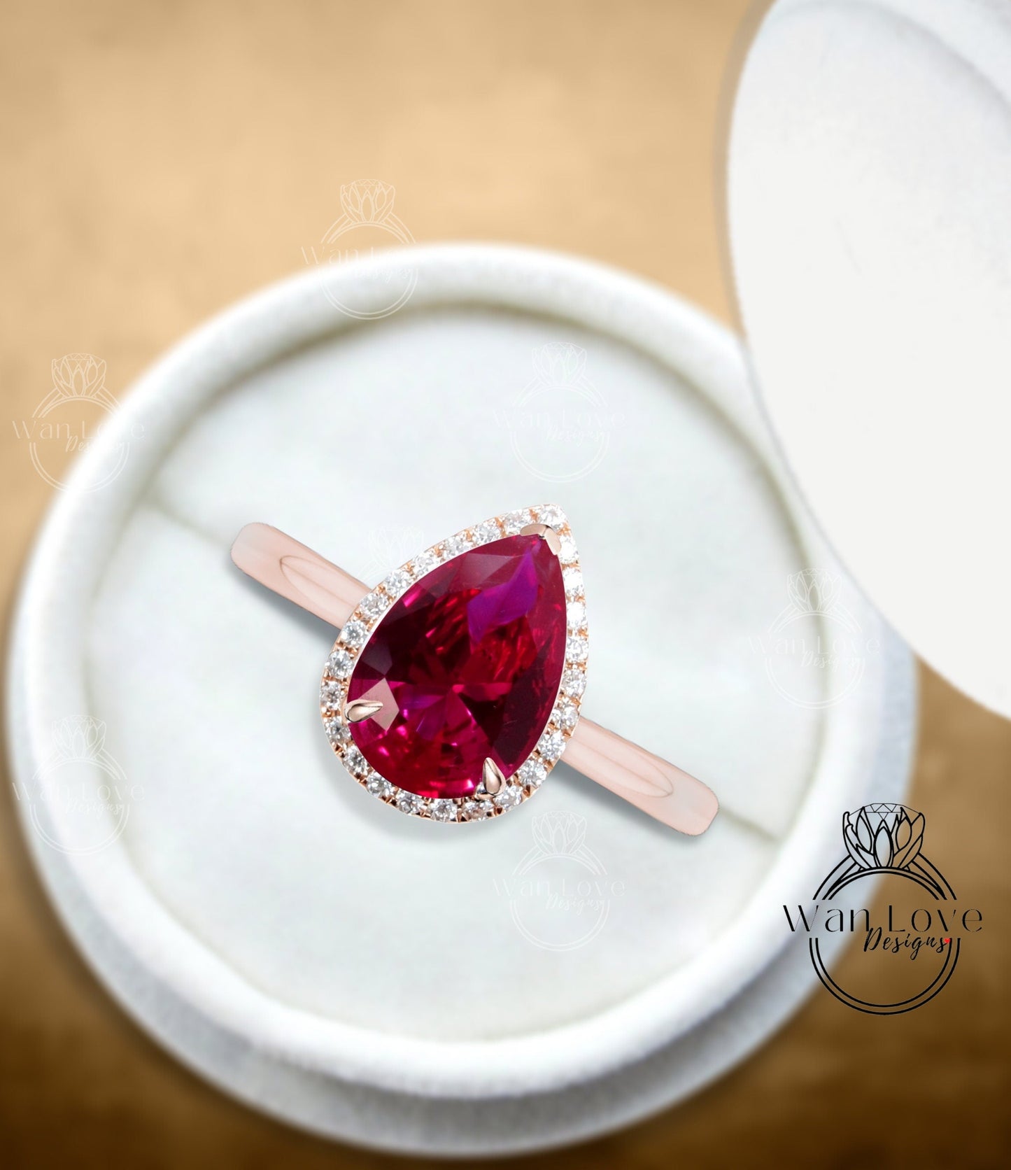Pear shaped Ruby engagement ring vintage Unique tapered band diamond halo engagement ring white gold wedding Bridal gift for women Wan Love Designs