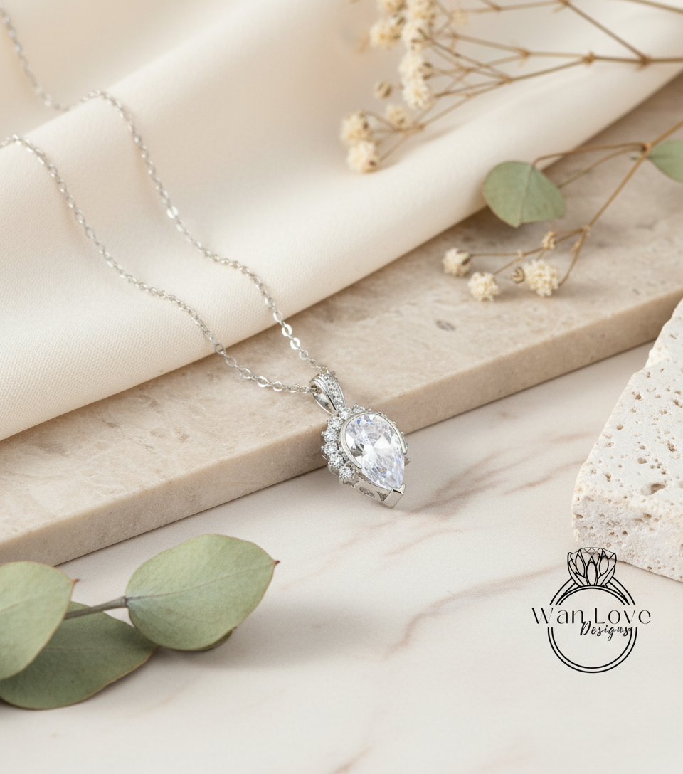 Diamond Semi Bezel Half Halo Moissante Pendant, Pear Cut Moissanite Pendant,14k Gold Necklace, Rose Gold Necklace, Wedding Anniversary Gift