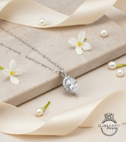 2ct Half Halo Pear Necklace - White Gold Pear Necklace Charm - Vintage style Necklace - White Gold Chain - Wedding Jewelry - Ready to Ship