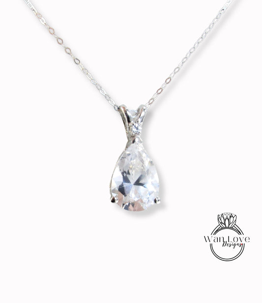 White Sapphire necklace white gold Pear Cluster necklace Delicate wedding Bridal dainty Charm Necklaces Promise Anniversary -Ready to Ship