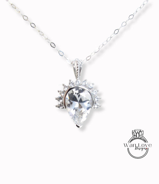 2ct Half Halo Pear Necklace - White Gold Pear Necklace Charm - Vintage style Necklace - White Gold Chain - Wedding Jewelry - Ready to Ship