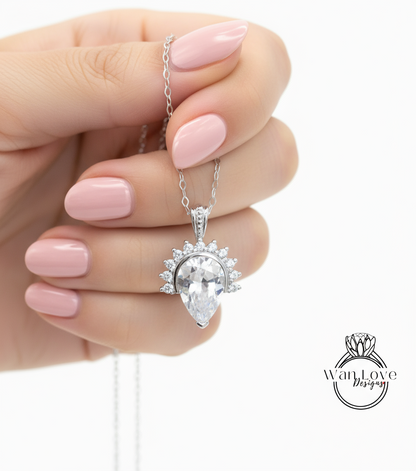 Diamond Semi Bezel Half Halo Moissante Pendant, Pear Cut Moissanite Pendant,14k Gold Necklace, Rose Gold Necklace, Wedding Anniversary Gift