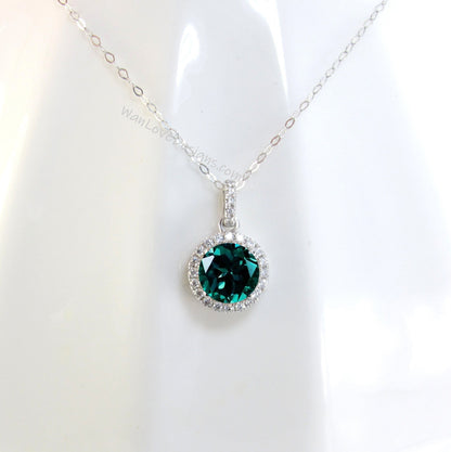 Personalized Emerald Necklace - Handmade Birthstone Necklace - 14k White Gold Jewelry For Women - Dainty Diamond Halo Necklace for Her Wan Love Designs