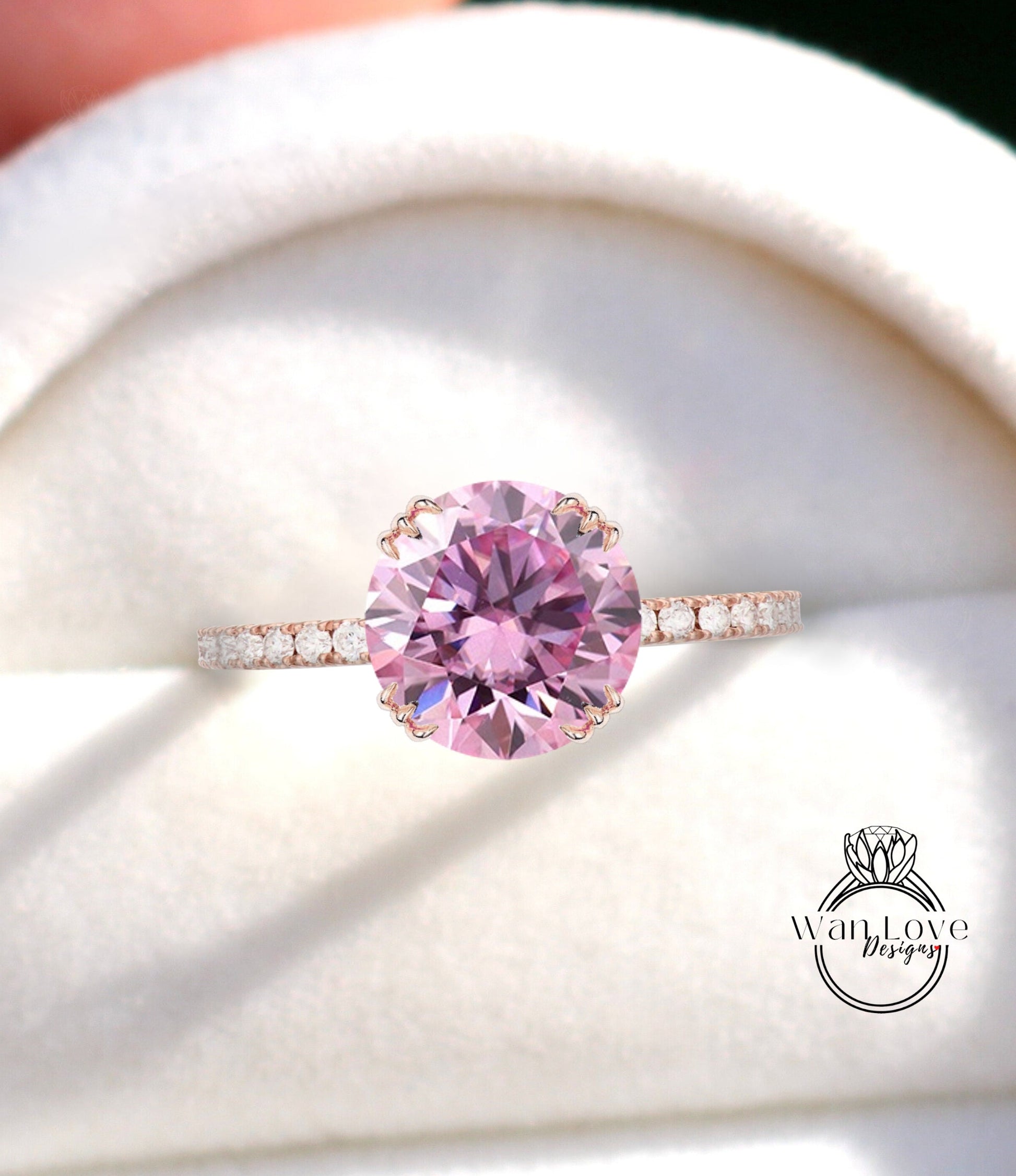 Pink Moissanite Diamond Engagement Ring 3 triple fishtail prongs ring half eternity ring diamond round Bridal Anniversary promise Ring gift Wan Love Designs