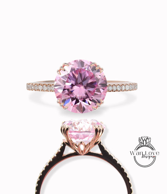 Pink Moissanite Diamond Engagement Ring 3 triple fishtail prongs ring half eternity ring diamond round Bridal Anniversary promise Ring gift Wan Love Designs