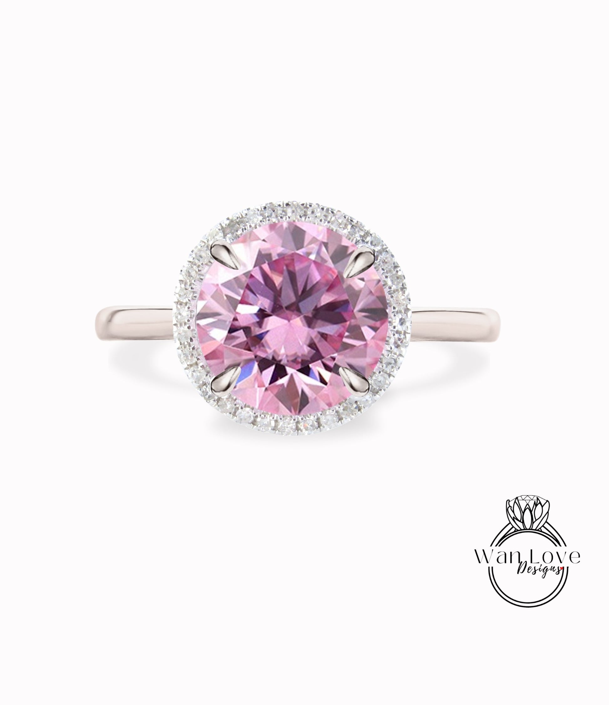 Pink Moissanite & Diamond Round Halo Plain Band Engagement Ring, Custom, 14k 18k White Yellow Rose Gold, Platinum, Wedding, Anniversary Gift Wan Love Designs