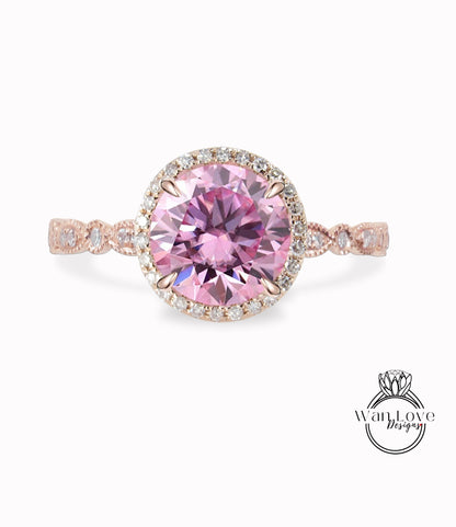 Pink Moissanite & Diamond Round Halo Scalloped Milgrain Engagement Ring, Custom Vintage 14k 18k White Yellow Rose Gold, Platinum, Wedding, Anniversary Gift Wan Love Designs
