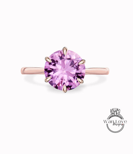 Pink Sapphire 6 Prong Solitaire Engagement Ring Round 14k 18k White Yellow Rose Gold-Platinum Custom Wedding Tapered Cathedral Wan Love Designs