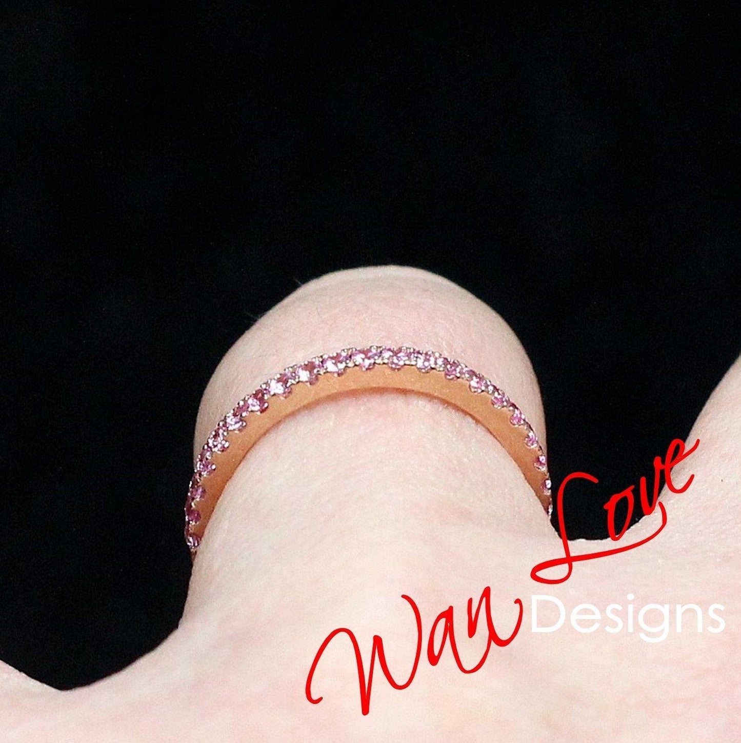 Pink Sapphire Almost Eternity Wedding Band Stackable Engagement Ring Round 1.8mm 14k 18k White Yellow Rose Gold-Platinum-Anniversary Wan Love Designs