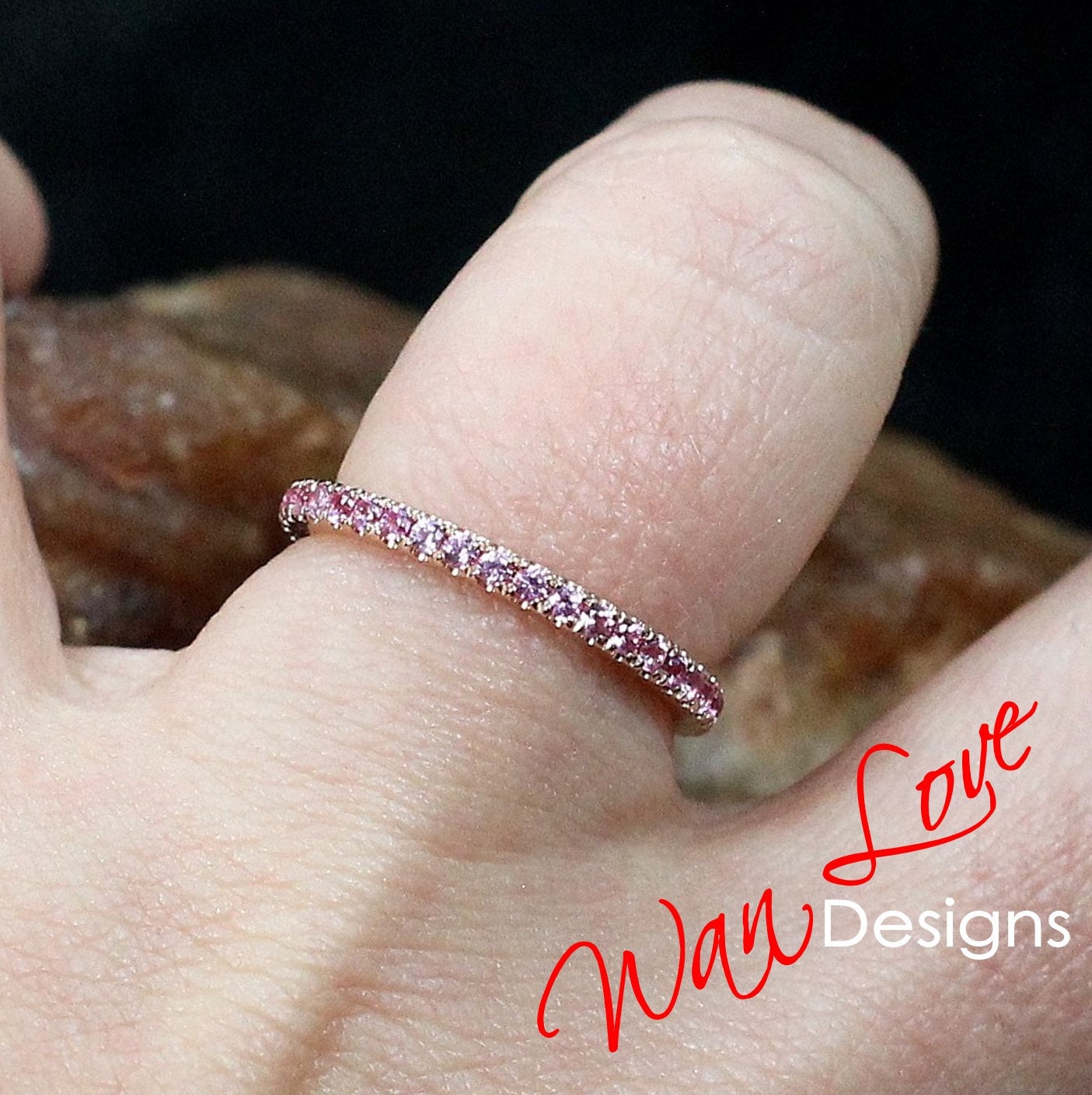 Pink Sapphire Almost Eternity Wedding Band Stackable Engagement Ring Round 1.8mm 14k 18k White Yellow Rose Gold-Platinum-Anniversary Wan Love Designs