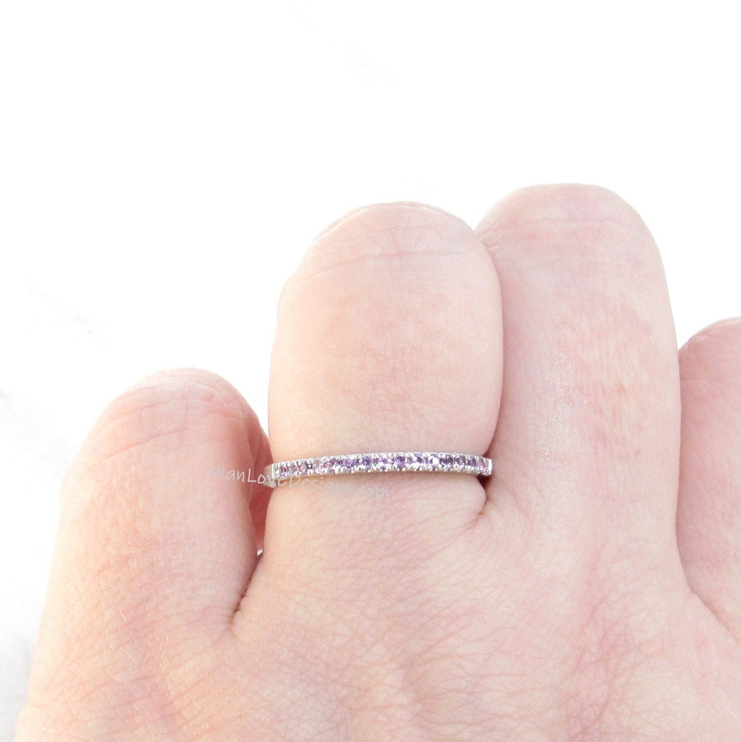 Pink Sapphire Almost Eternity Wedding Band Stackable Engagement Ring Round 1.8mm 14k 18k White Yellow Rose Gold-Platinum-Anniversary Wan Love Designs