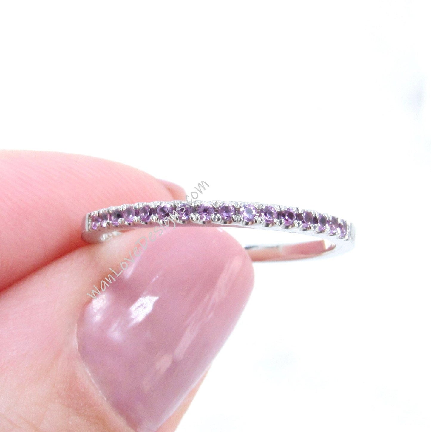 Pink Sapphire Almost Eternity Wedding Band Stackable Engagement Ring Round 1.8mm 14k 18k White Yellow Rose Gold-Platinum-Anniversary Wan Love Designs