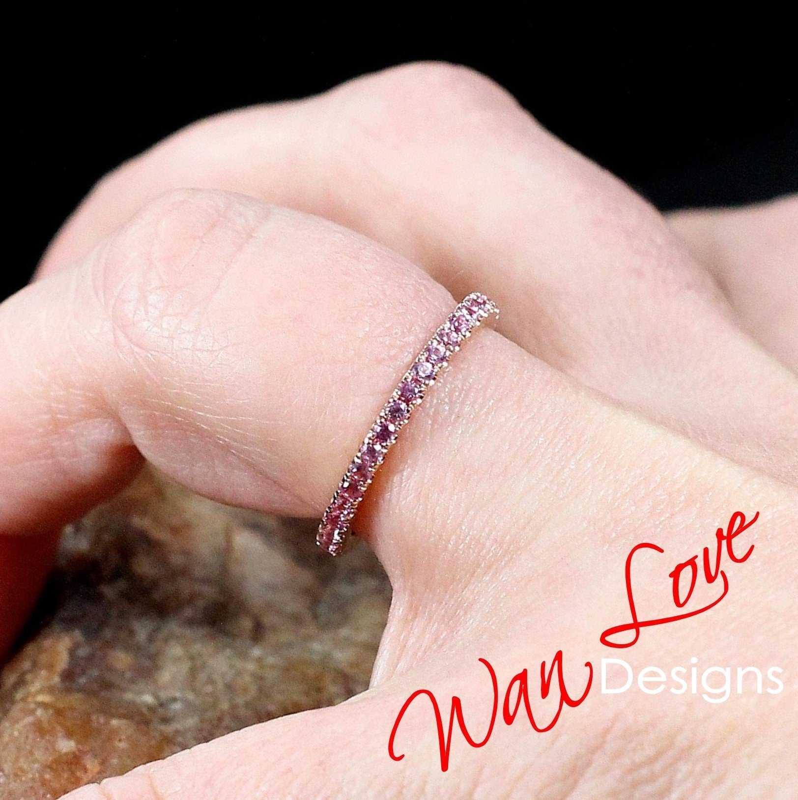 Pink Sapphire Almost Eternity Wedding Band Stackable Engagement Ring Round 1.8mm 14k 18k White Yellow Rose Gold-Platinum-Anniversary Wan Love Designs