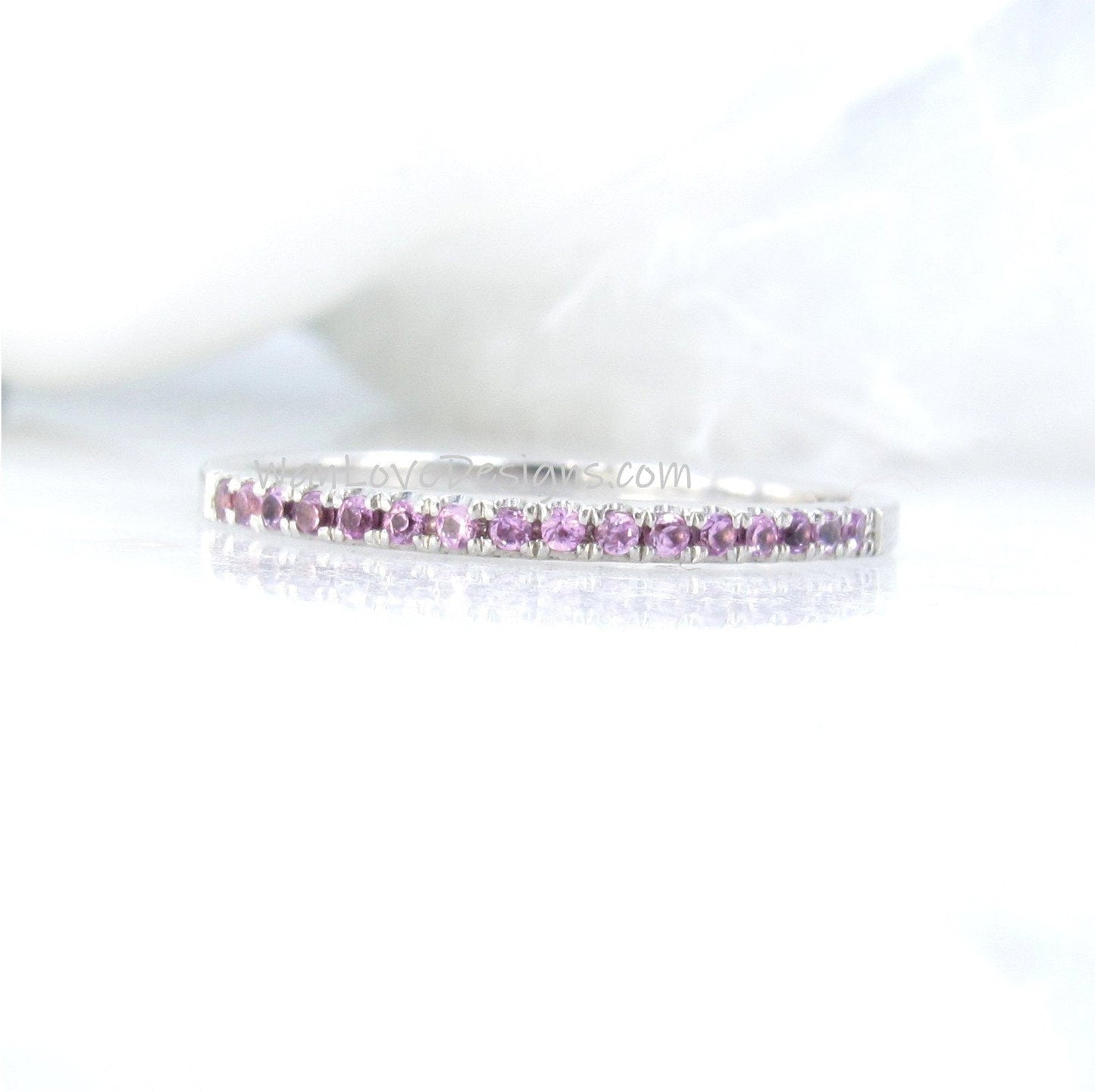 Pink Sapphire Almost Eternity Wedding Band Stackable Engagement Ring Round 1.8mm 14k 18k White Yellow Rose Gold-Platinum-Anniversary Wan Love Designs