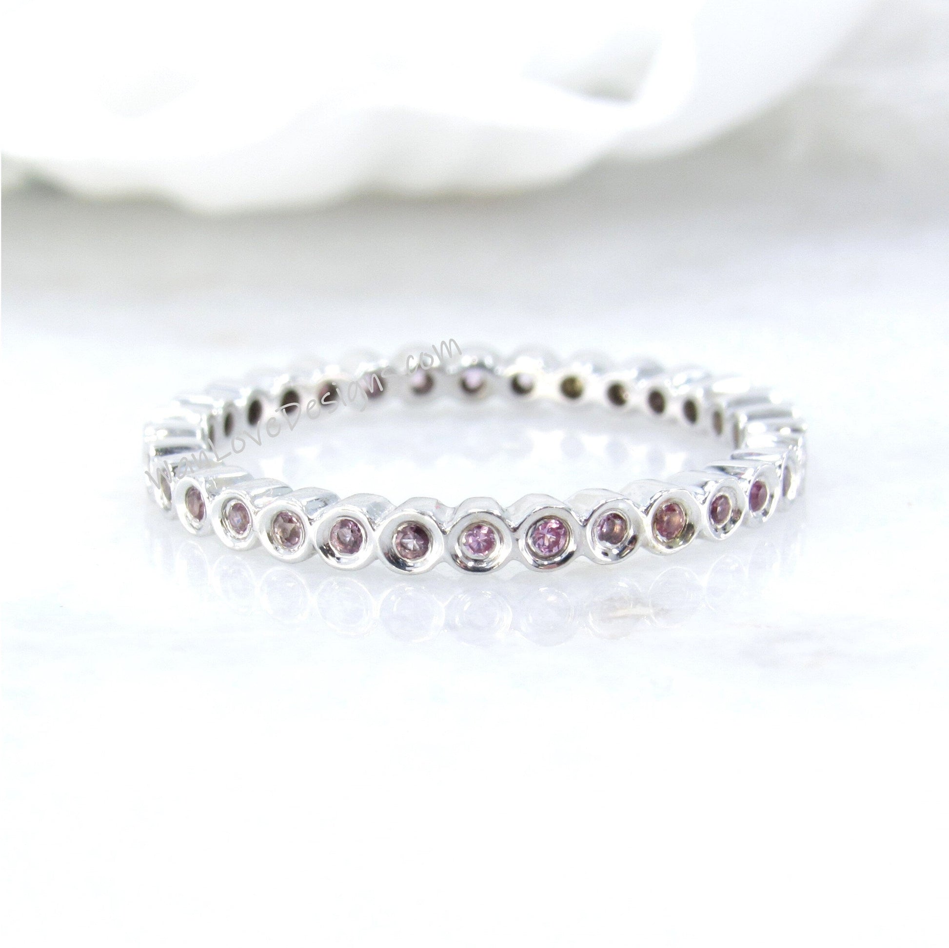 Pink Sapphire Bezel Band, Birthstone Ring, Rose Gold Pink Sapphire Ring, Birthstone Wedding Band, Dainty Bubble Bezel Ring, Stacking Ring Wan Love Designs