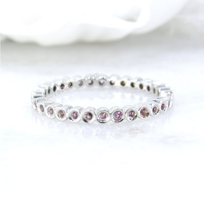 Pink Sapphire Bezel Band, Birthstone Ring, Rose Gold Pink Sapphire Ring, Birthstone Wedding Band, Dainty Bubble Bezel Ring, Stacking Ring Wan Love Designs