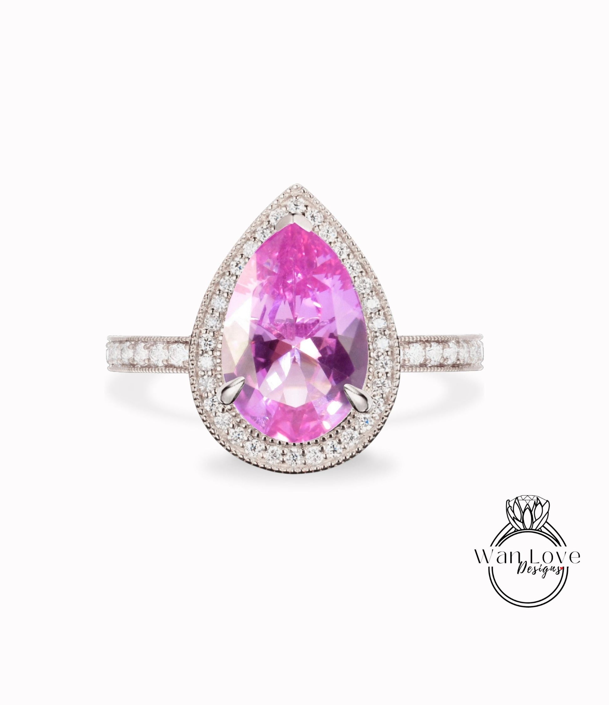 Pink Sapphire Diamond 14kt Gold Diamond Art Deco Unique Pear Halo Milgrain Ring vintage wedding Unique Bridal Anniversary ring solid gold Wan Love Designs