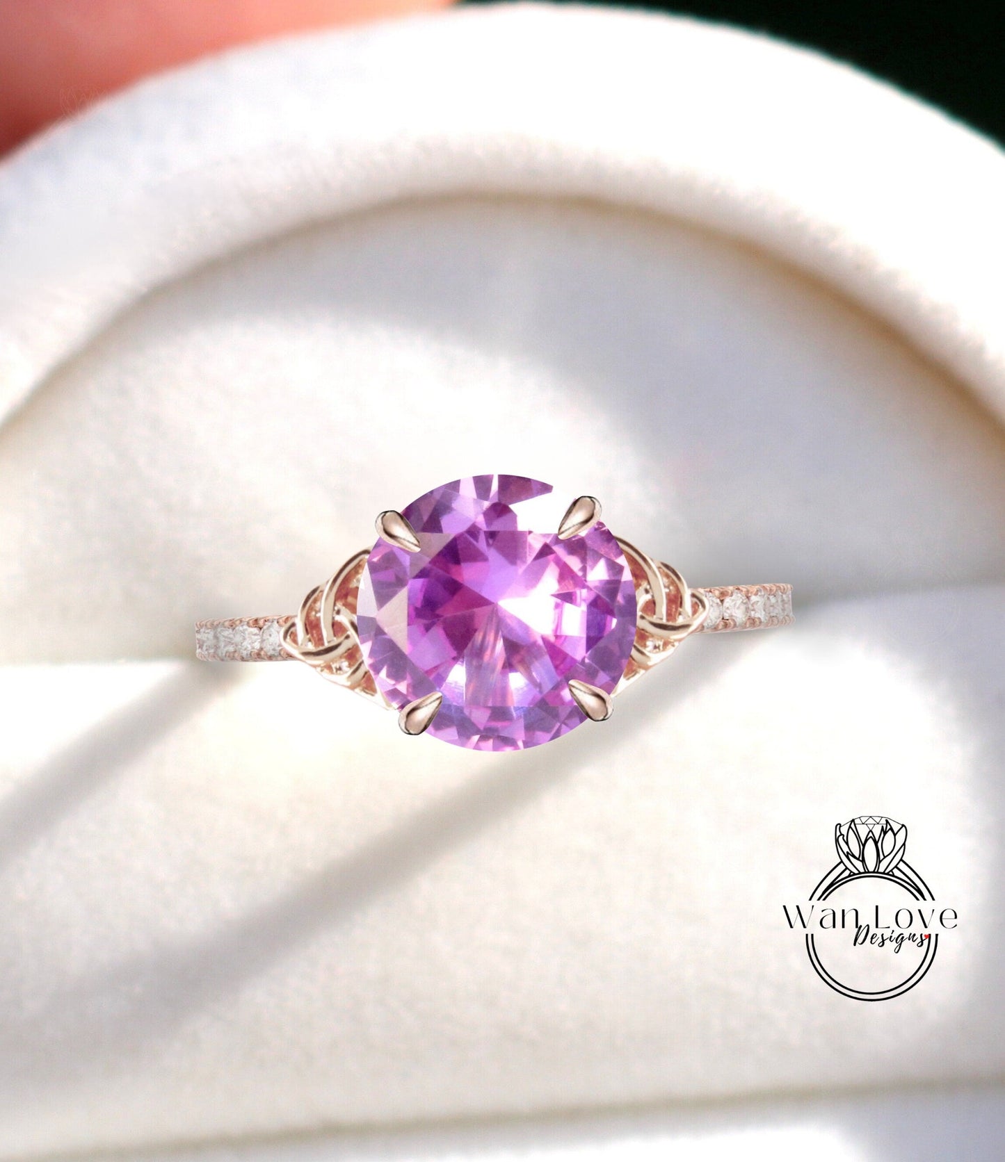 Pink Sapphire Diamond Celtic Knot Engagement Ring, Round, Custom, Wedding,Anniversary Gift,14k 18k White Rose Yellow Gold,Platinum Wan Love Designs