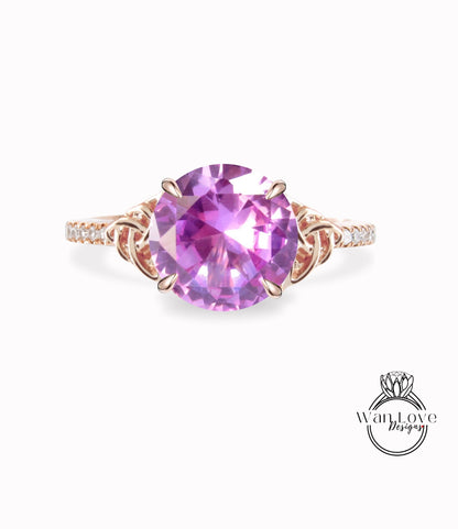 Pink Sapphire Diamond Celtic Knot Engagement Ring, Round, Custom, Wedding,Anniversary Gift,14k 18k White Rose Yellow Gold,Platinum Wan Love Designs