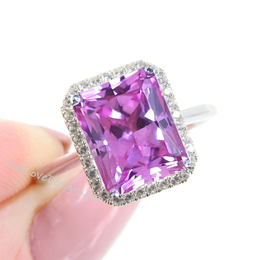 Pink Sapphire & Diamond Emerald Halo Engagement Ring, Plain Shank,  14k White Yellow Rose Gold, Platinum, Wedding, Radiant Wan Love Designs