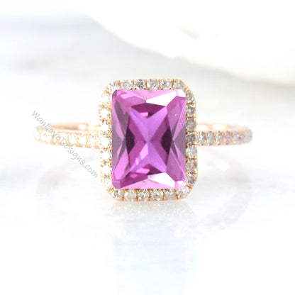 Pink Sapphire & Diamond Emerald Radiant Halo Engagement Ring, 14k 18k White Yellow Rose Gold, Platinum-Custom-Wedding-Aniversary Wan Love Designs
