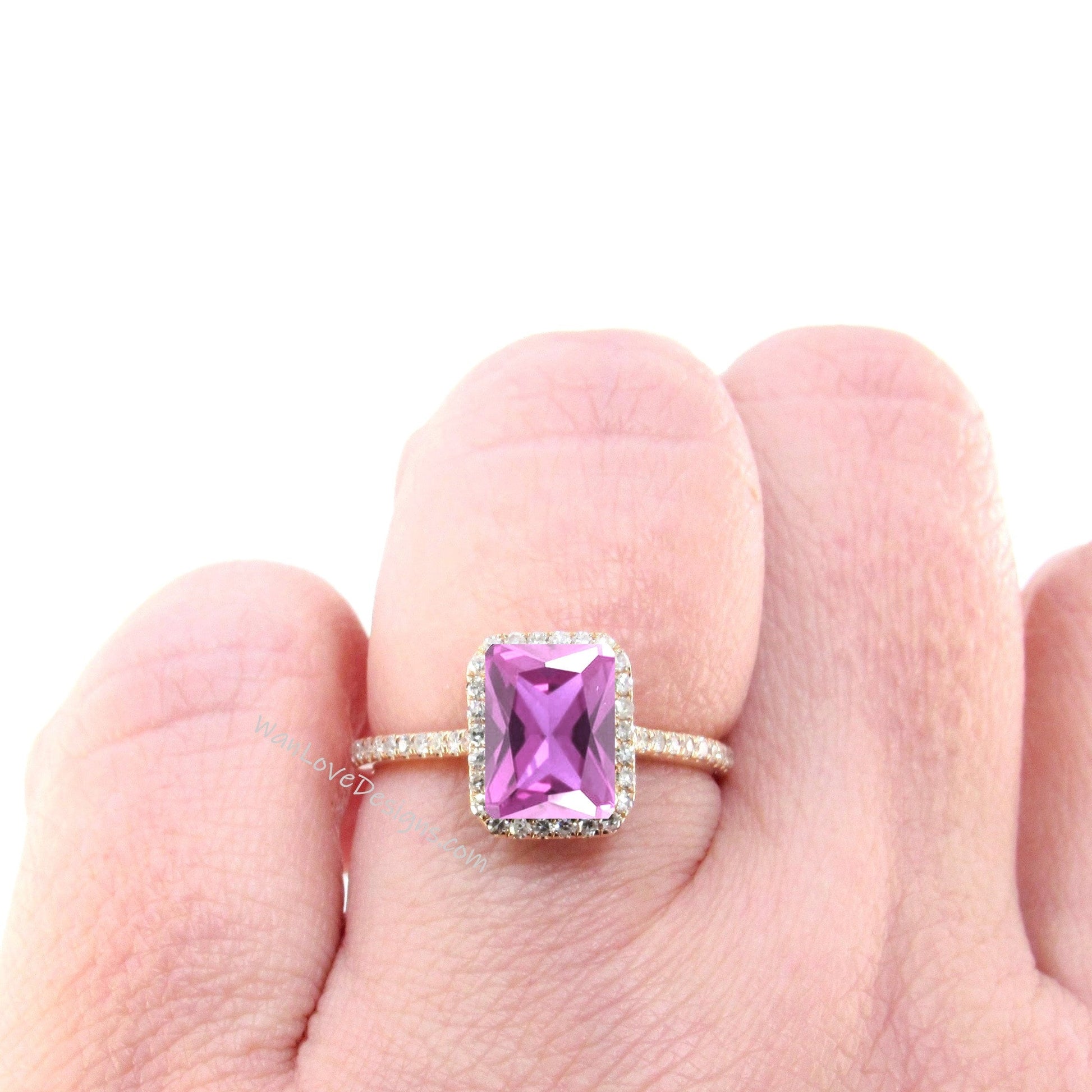 Pink Sapphire & Diamond Emerald Radiant Halo Engagement Ring, 14k 18k White Yellow Rose Gold, Platinum-Custom-Wedding-Aniversary Wan Love Designs