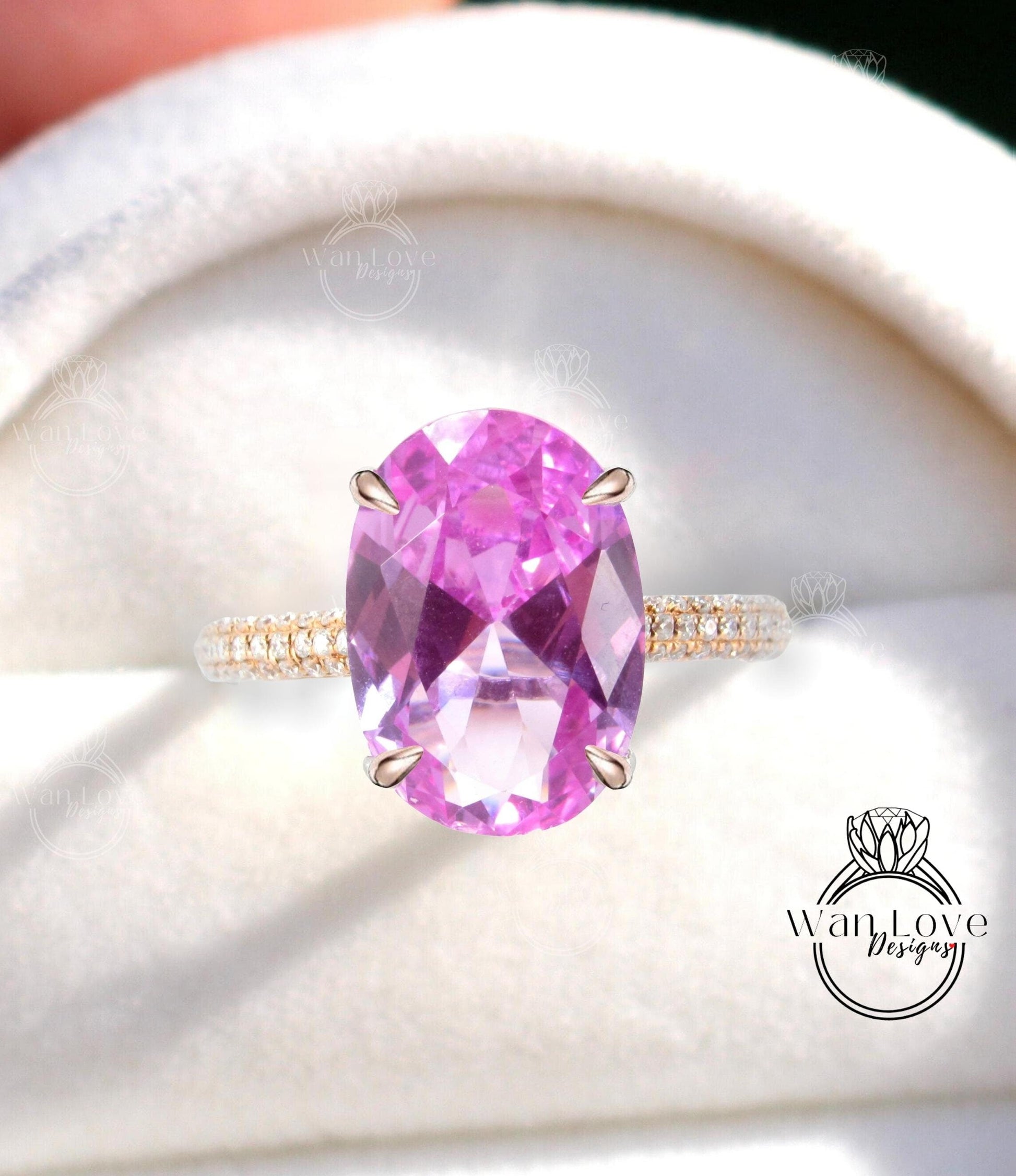 Pink Sapphire & Diamond Engagement Ring Side Halo 3/4 Almost eternity Oval, 9ct, 15x10mm, Custom,14k 18k White Yellow Rose Gold-Platinum Wan Love Designs