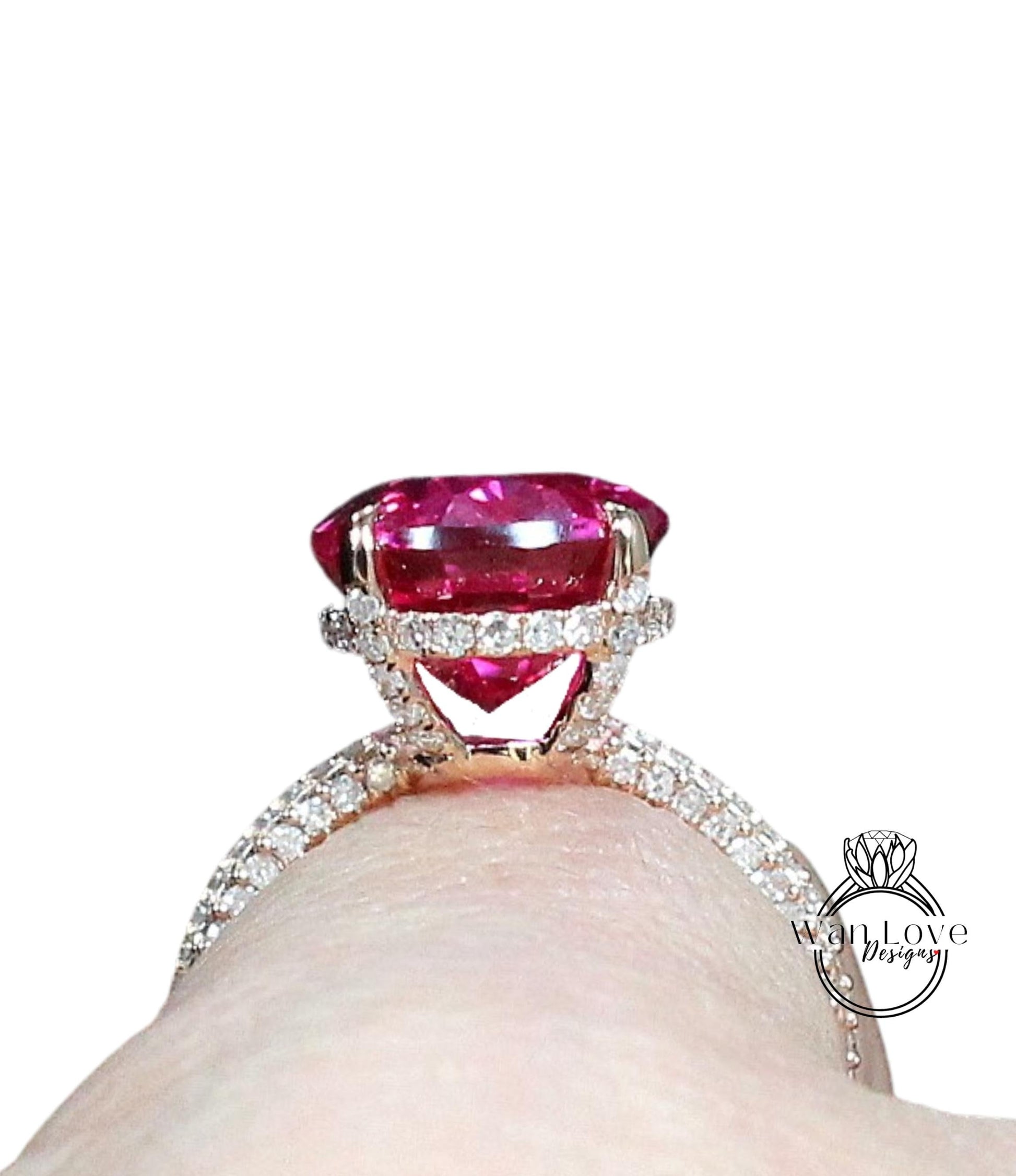 Pink Sapphire & Diamond Engagement Ring Side Halo 3/4 Almost eternity Oval, 9ct, 15x10mm, Custom,14k 18k White Yellow Rose Gold-Platinum Wan Love Designs