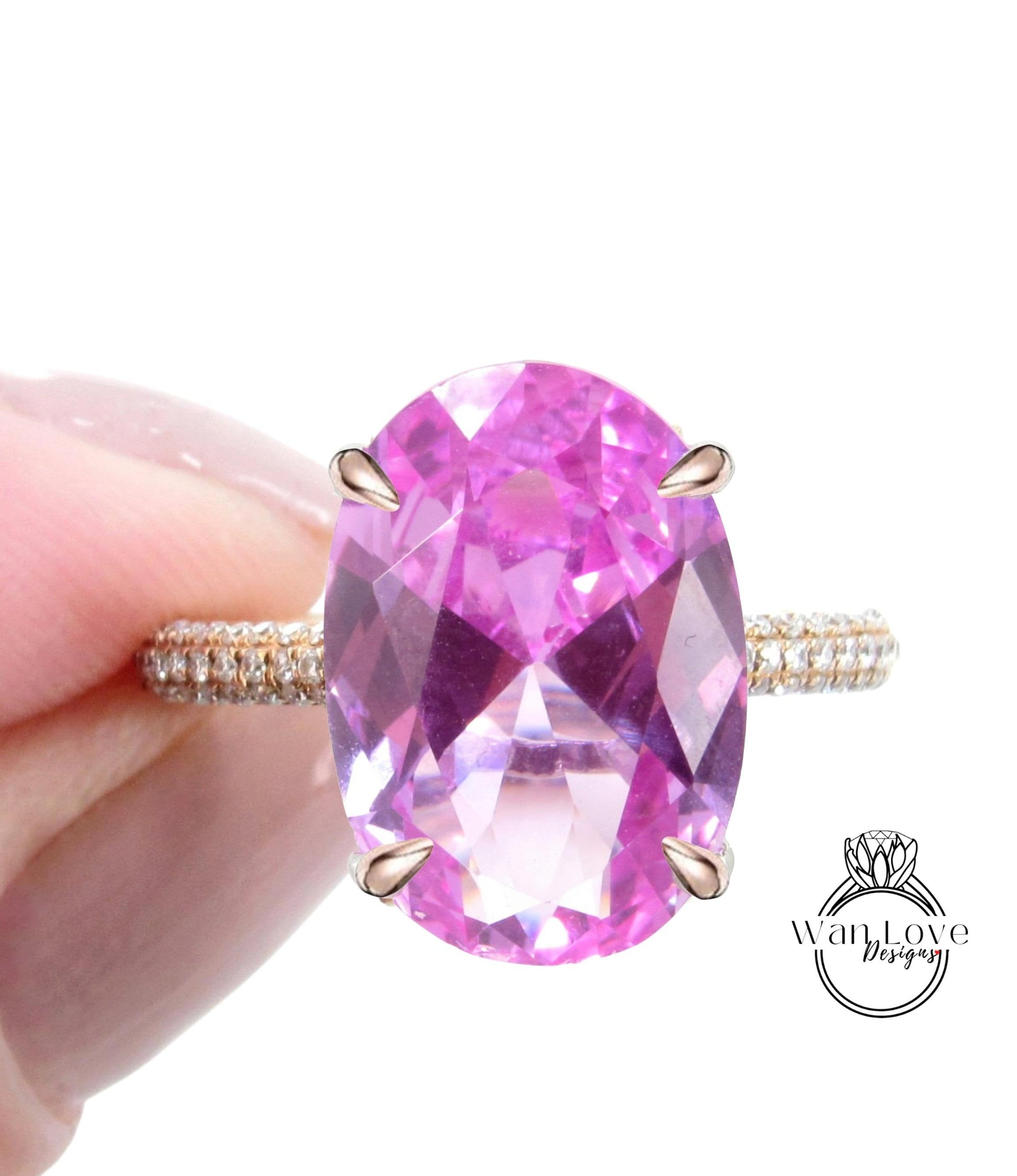 Pink Sapphire & Diamond Engagement Ring Side Halo 3/4 Almost eternity Oval, 9ct, 15x10mm, Custom,14k 18k White Yellow Rose Gold-Platinum Wan Love Designs