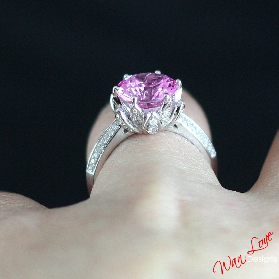 Pink Sapphire Diamond Lotus Flower Engagement Ring-Round cut 14k 18k White Yellow Rose Gold-Platinum-Custom Wan Love Designs